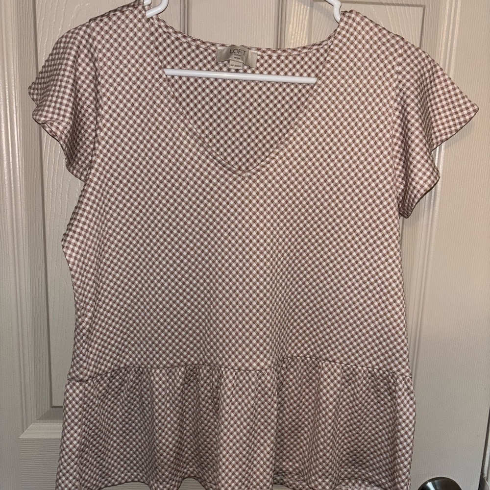 LOFT Tan Gingham Peplum Blouse